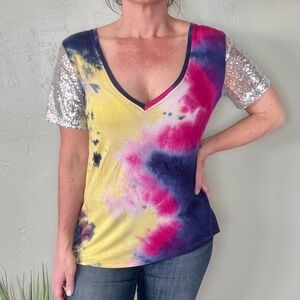 Southern Fried Chics Tie-Dye Deep V-Neck Silver Sequin Sleeve Top